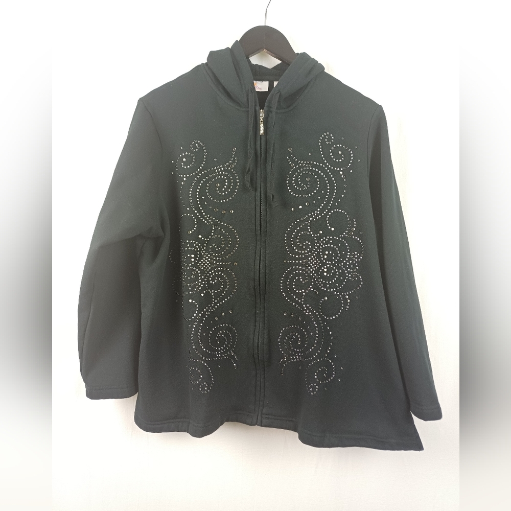 Quacker Factory Rhinestone Scroll Knit Jacket 1X Hoodie Black A210152